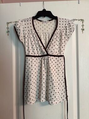 6 degrees Cream Polka Dot Top with Brown Trim